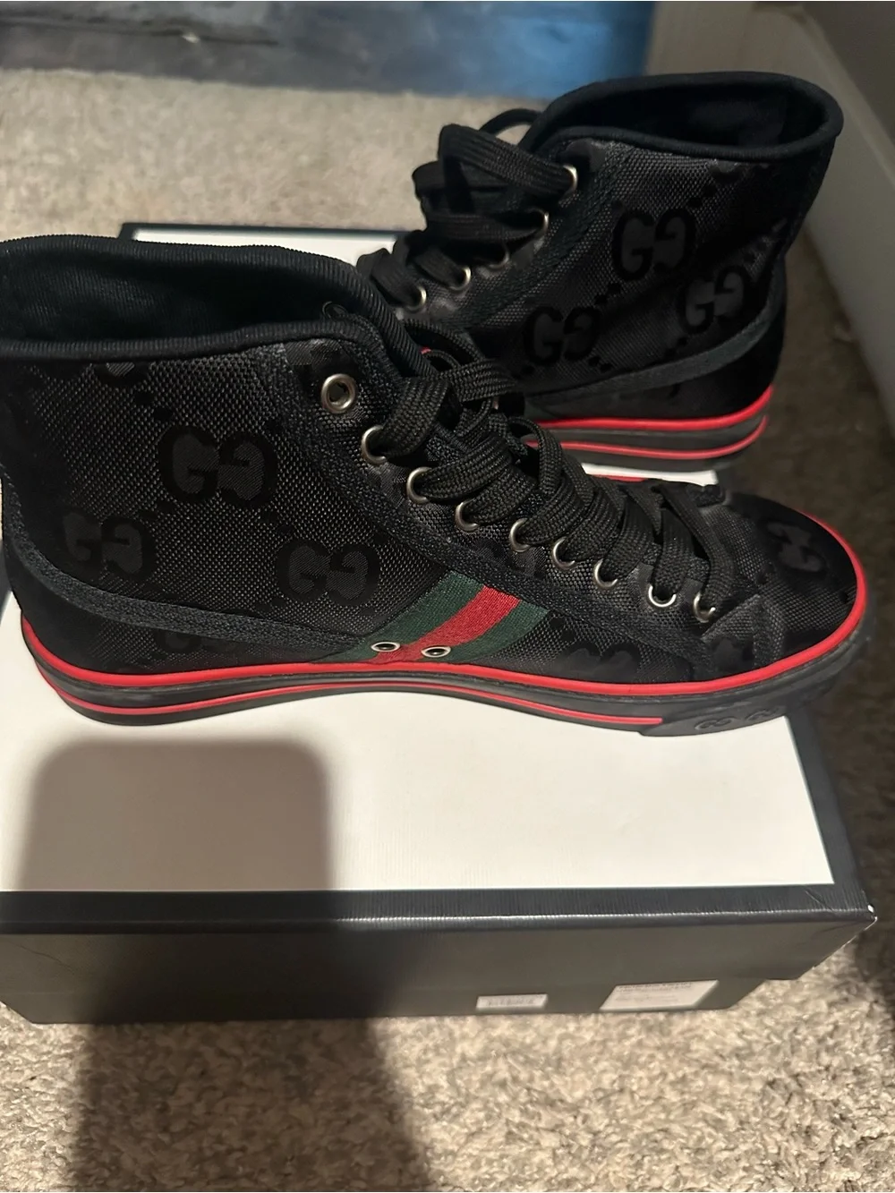 Gucci Black High-Top Sneakers with Red and Green Web Stripe